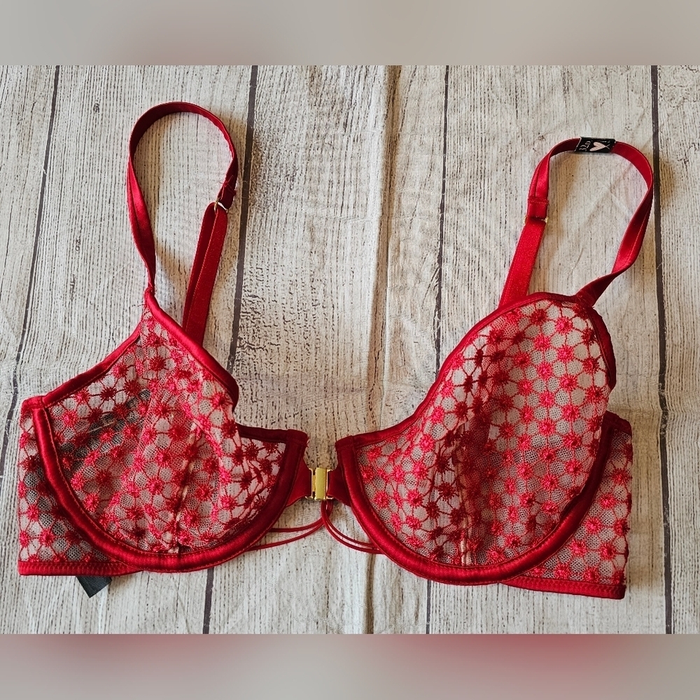Victoria's Secret Size 32D red Unlined demi sheer bra front close Sexy - Picture 2 of 8